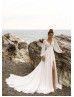 Long Sleeves Ivory Lace Chiffon Boho Beach Slit Wedding Dress